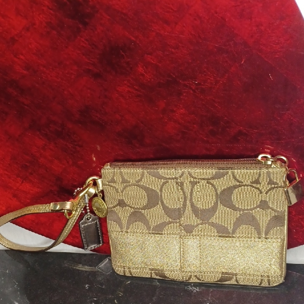 P11- Coach Gold and Brown Clutch with Monogram Design